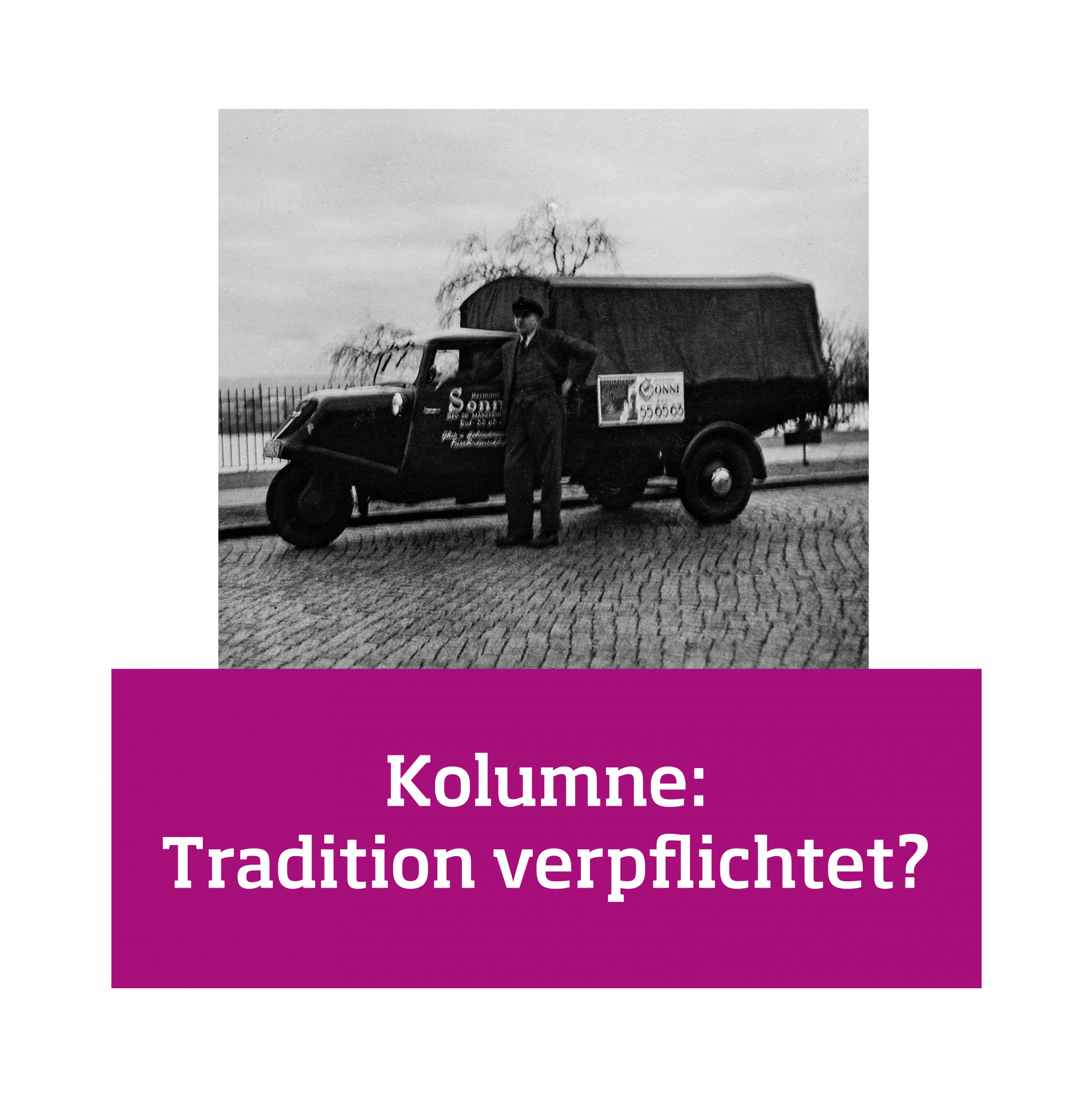 Ein Bild aus den 60er JAhren: Mann steht vor einem Fahrzeug der Firma Sonne